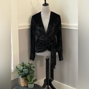 Zara Black Velvet Wrap Blouse With Tassel Ties